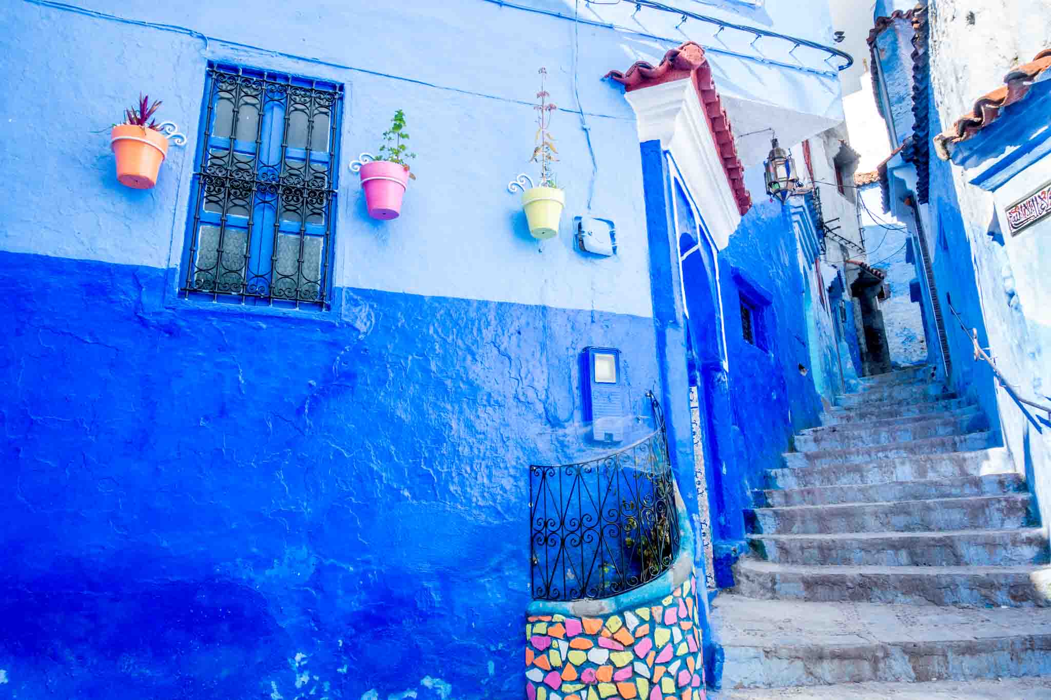 Staircase between two blue walls.