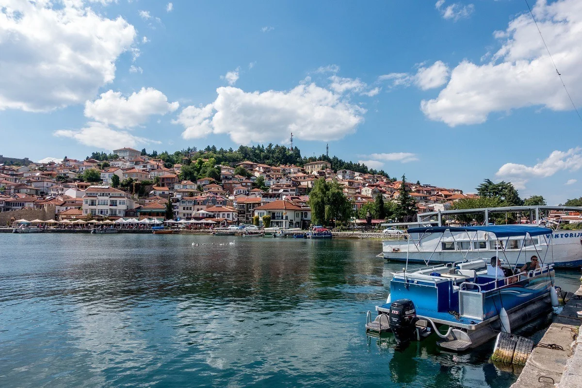 Boats in Lake Ohrid Macedonia with the town in the background